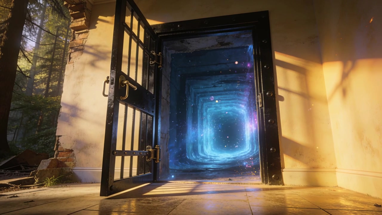 Un portale blu pulsante dietro una porta aperta con sbarre nere in una stanza danneggiata, che stabilizza un tunnel più profondo.