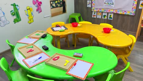 bright 4k footage of a preschool classroom setup with colorful tables, alphabet sand trays, whiteboards, and early learning tools. ideal for education, childcare, and learning content.