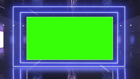 abstract creative tunnel and green screen alpha channel billboard mock up. neon, blue purple led bars and technology, sci fi, futuristic cyber punk 3d rendering with blank frame.