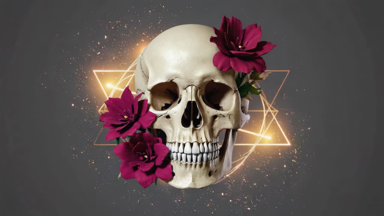 Skull with Flowers and Geometric Background