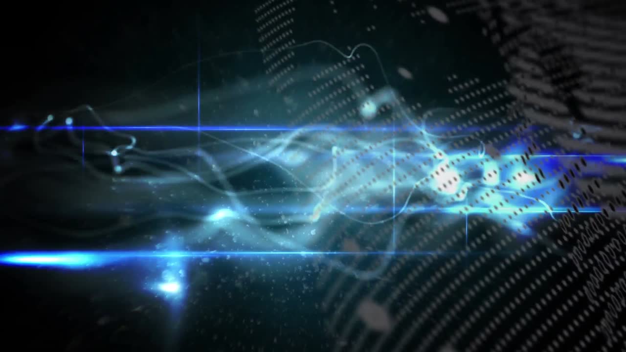 블루 디지털 파동과 빛의 흔적은 검은 바탕에 회전하는 지구 위에 있습니다.