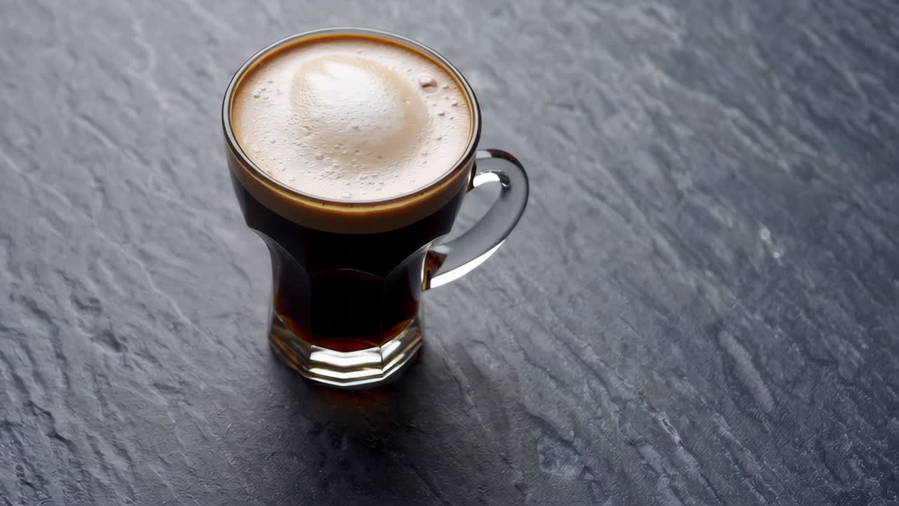 Close-up of a Glass Mug of Espresso on a Dark Stone Surface