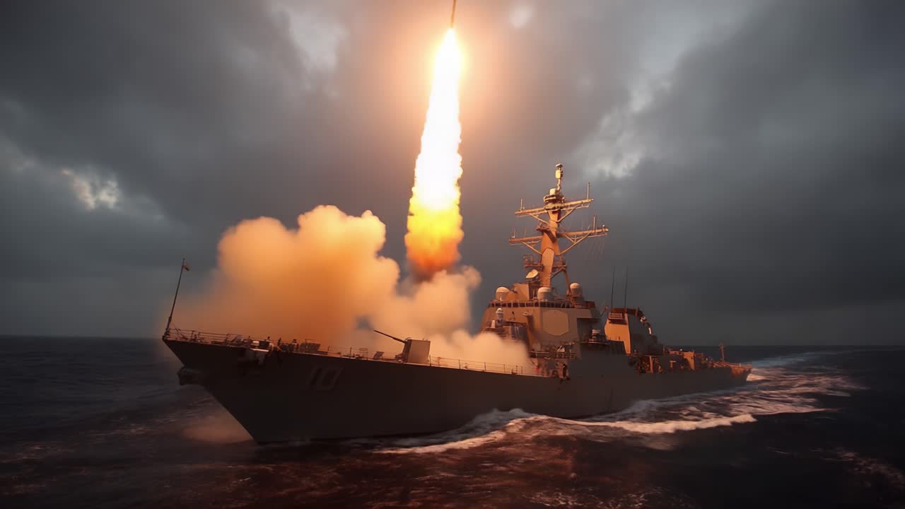 Un Cacciatorpediniere Navale Lancia un Missile all'Alba, Illuminando il Cielo Scuro con Fiamme e Fumo Contro le Onde Fragorose dell'Oceano in una Dimostrazione di Potenza Militare e Tecnologia