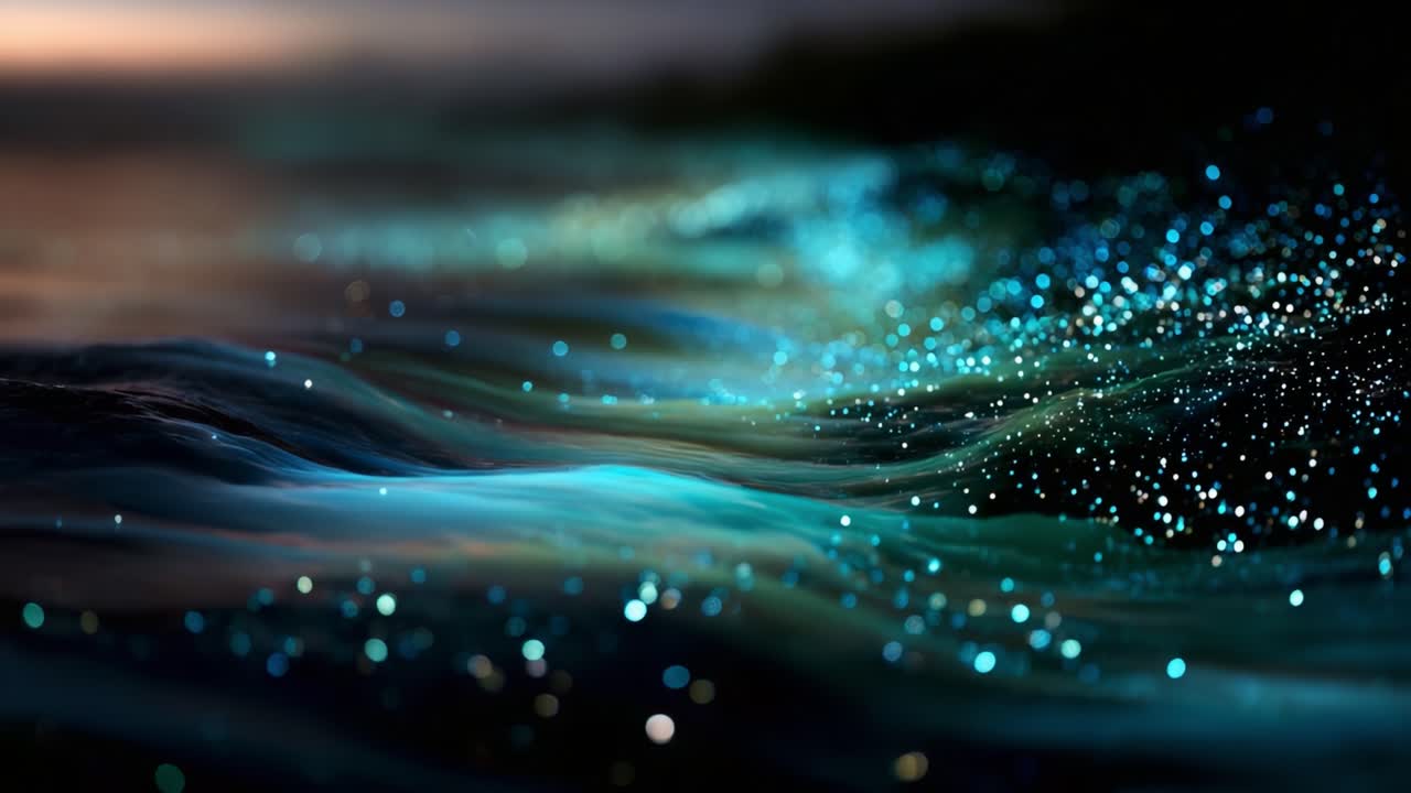 A mesmerizing ocean scene exhibiting shimmering waves adorned with glistening particles, capturing the essence of tranquility and beauty in nature's dynamic dance of light and water