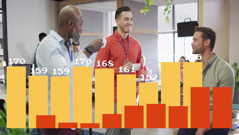 animation of financial data processing over diverse colleagues having meeting in office