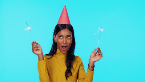 Portrait,-party-and-sparklers-with-a-woman