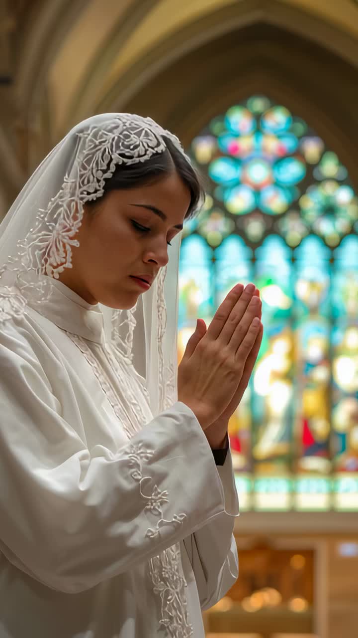 Vertical video: Lifting hands woman in veil and robe joining prayer at cathedral with stained glass