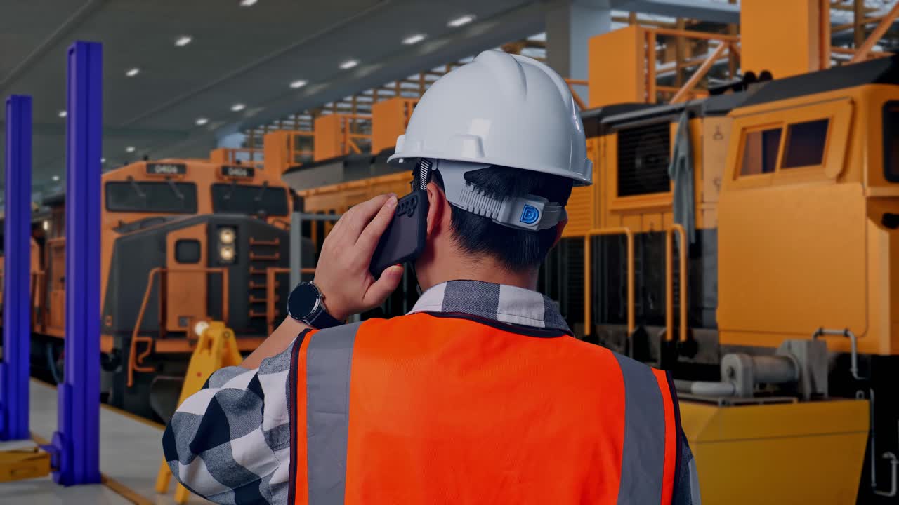 Primer plano de ingeniero asiático de espaldas con casco de seguridad hablando por teléfono mientras está de pie; ingenieros de mantenimiento de trenes en un depósito