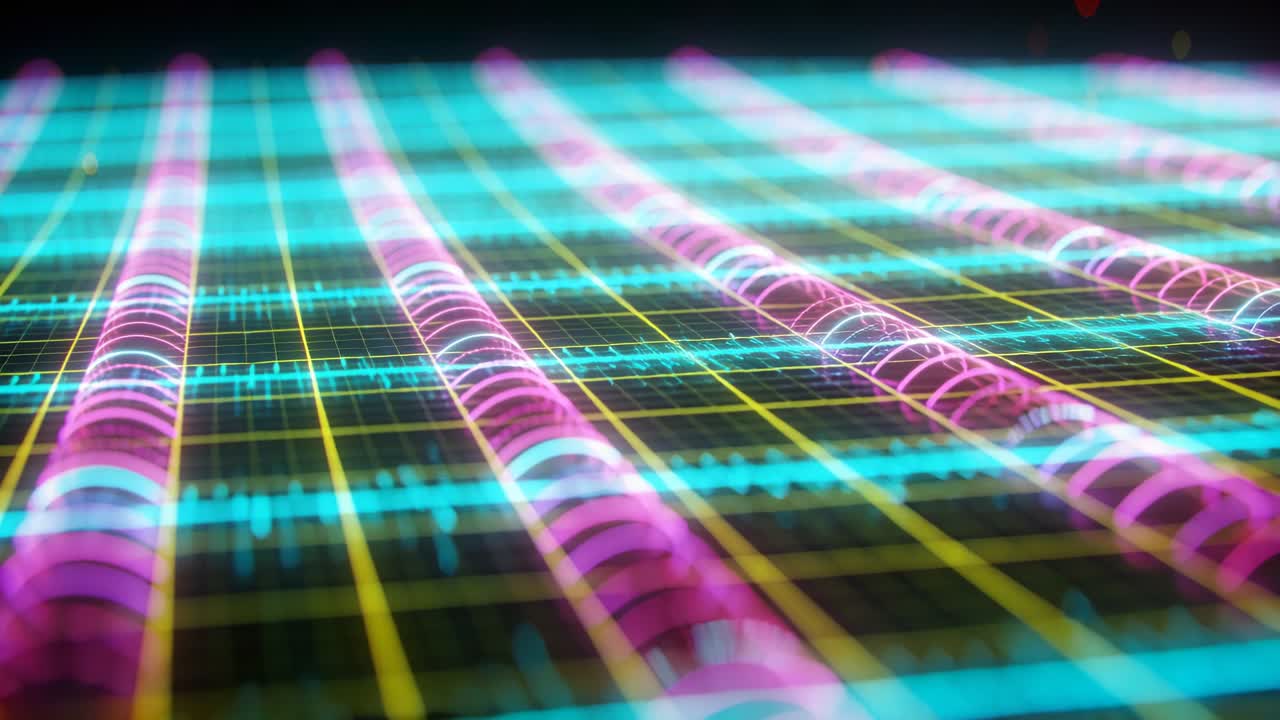 Pulsing waveform plane shifting forward after cue on low angle, showing magenta tubes, cyan traces