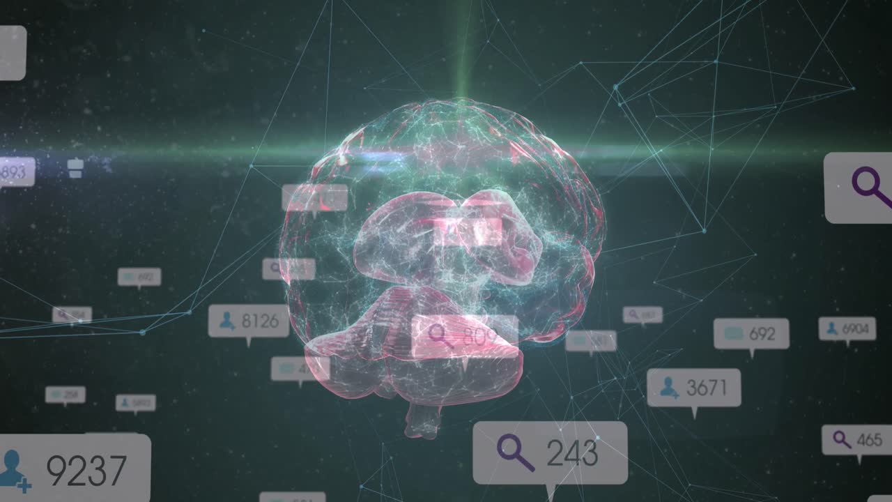 Animazione di icone dei social media ed elaborazione dati su cervello umano
