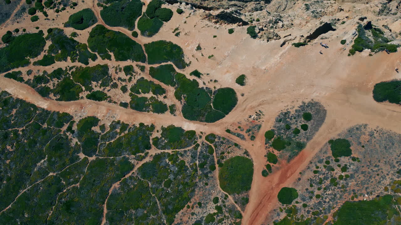 Top view dirt path stretching though low vegetation to steep cliff. Rough rocks
