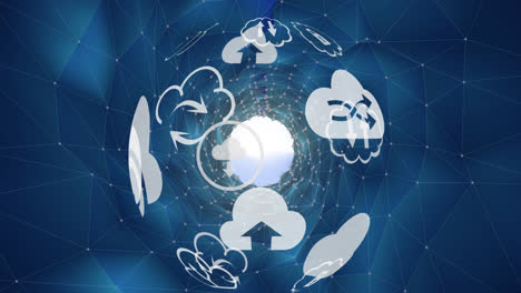 animación del globo con nubes e íconos tecnológicos sobre el espacio digital con conexiones