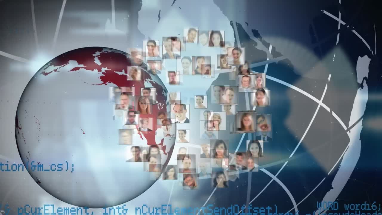 다양한 남녀 사업가들의 사진에 대한 지구와 다양한 데이터의 애니메이션