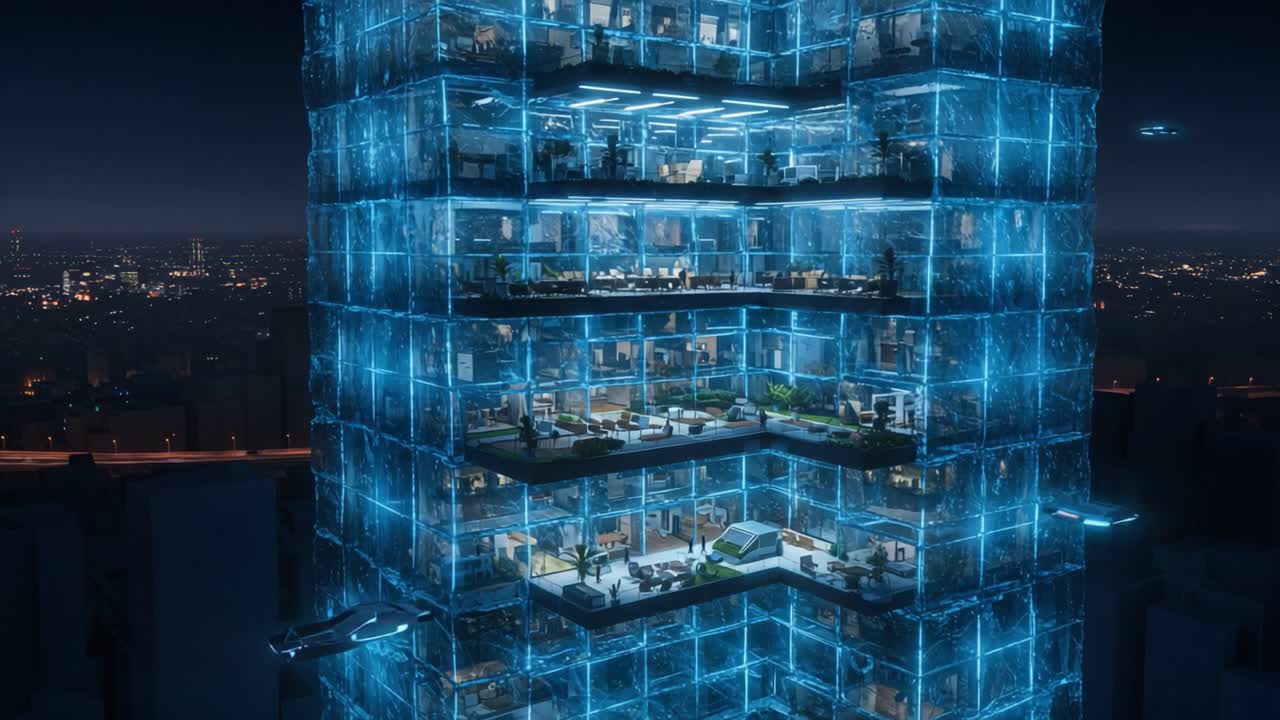 Futuristic Glass Tower Surrounded by Urban Landscape Showcases Modern Architecture and Innovative Design, Illuminated at Night with a High-Tech Aesthetic