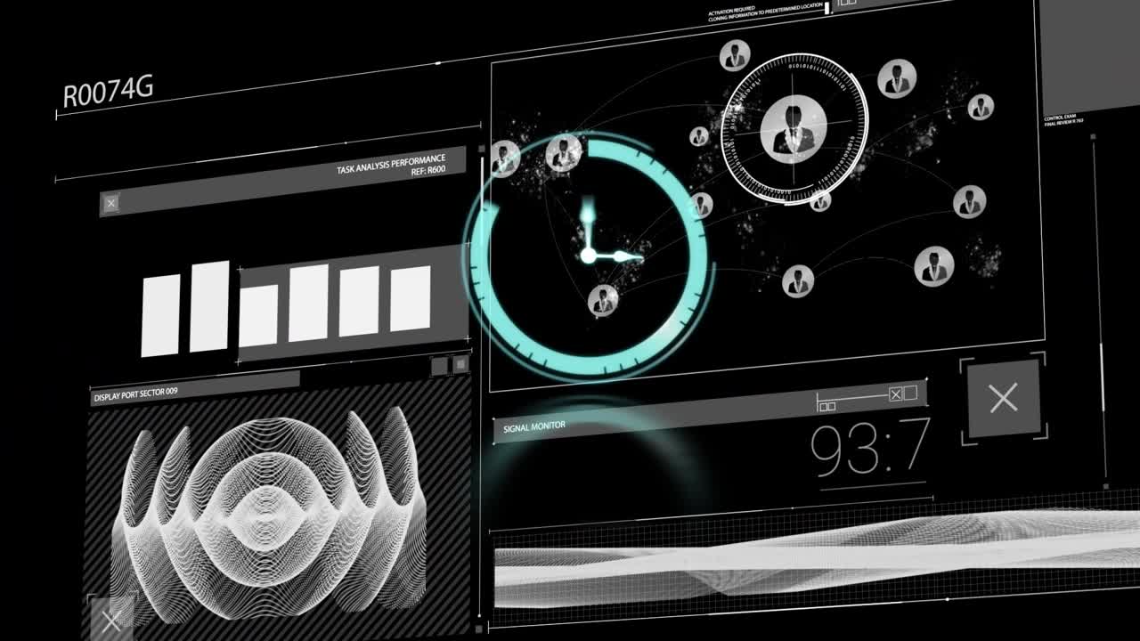 Animation of data processing and clock over black background