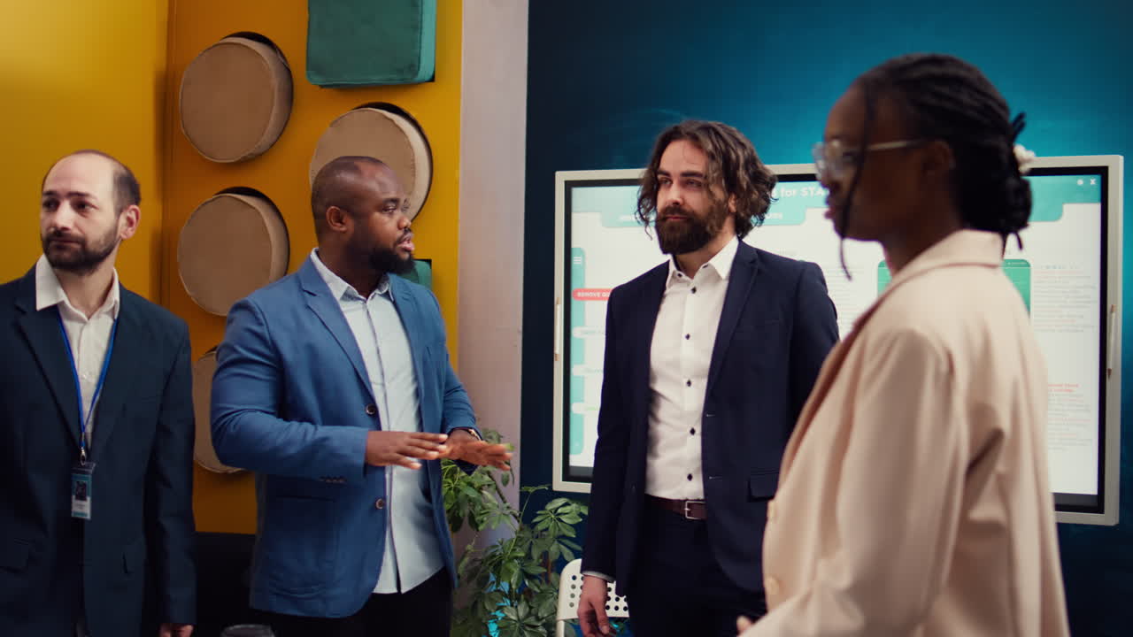 Coworkers from global business enterprise sharing ideas for products or services