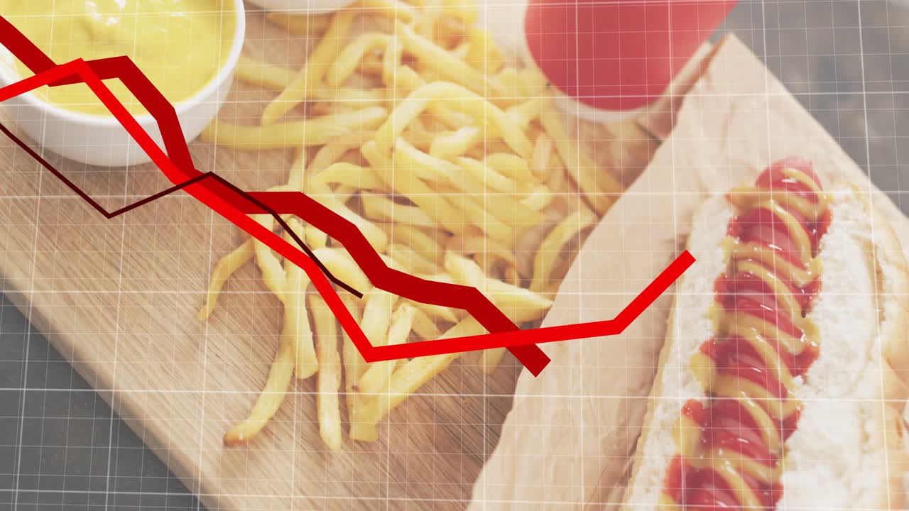 Grade surgindo, gráficos vermelho-marrons ziguezagueando sobre batatas fritas, condimentos, café e cachorro-quente, visualizando tendências.
