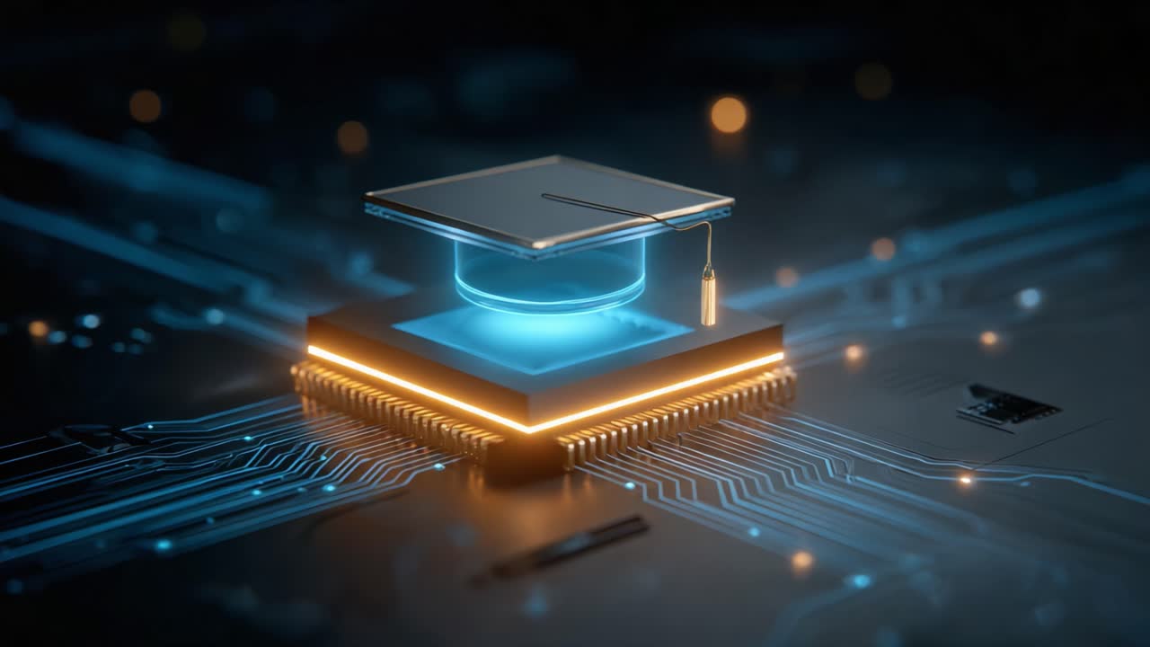 A Futuristic Academic Symbol on a Microchip: The Intersection of Education and Technology Highlighted by a Graduation Cap Above a Circuit Board