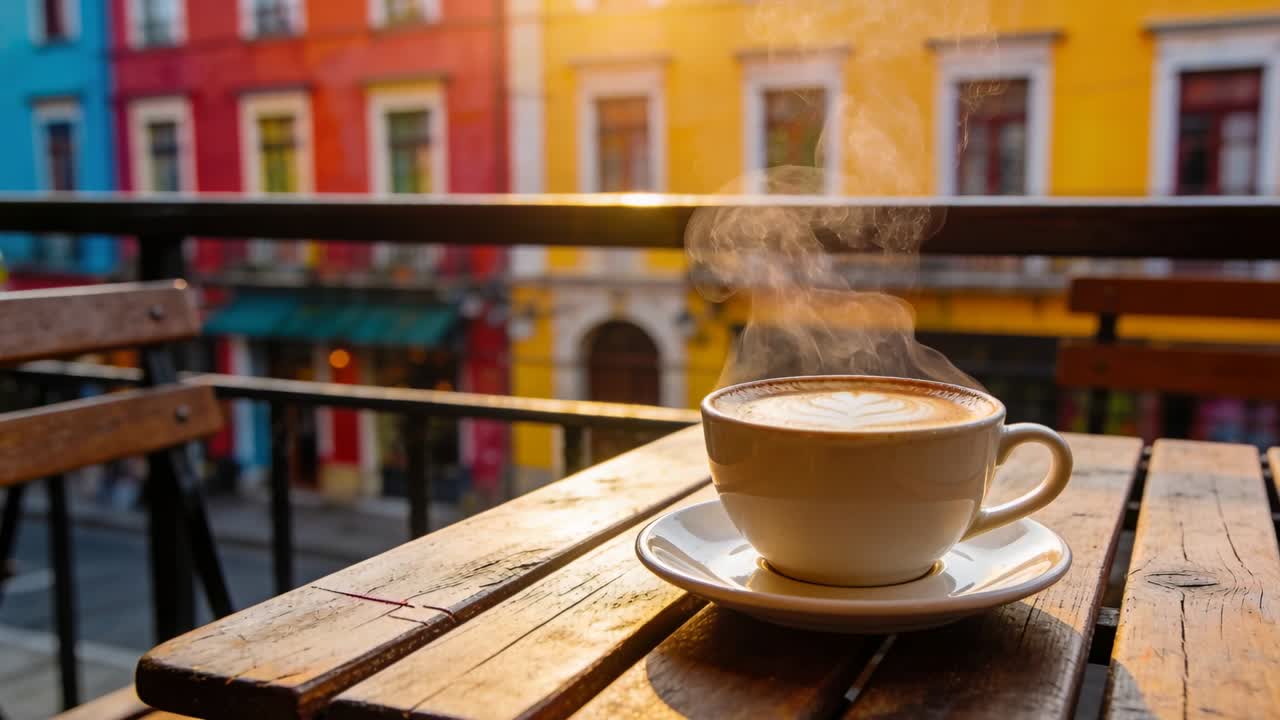 El sol calienta una taza de café de cerámica en un platillo, liberando vapor sobre una mesa de balcón junto a una barandilla de metal.