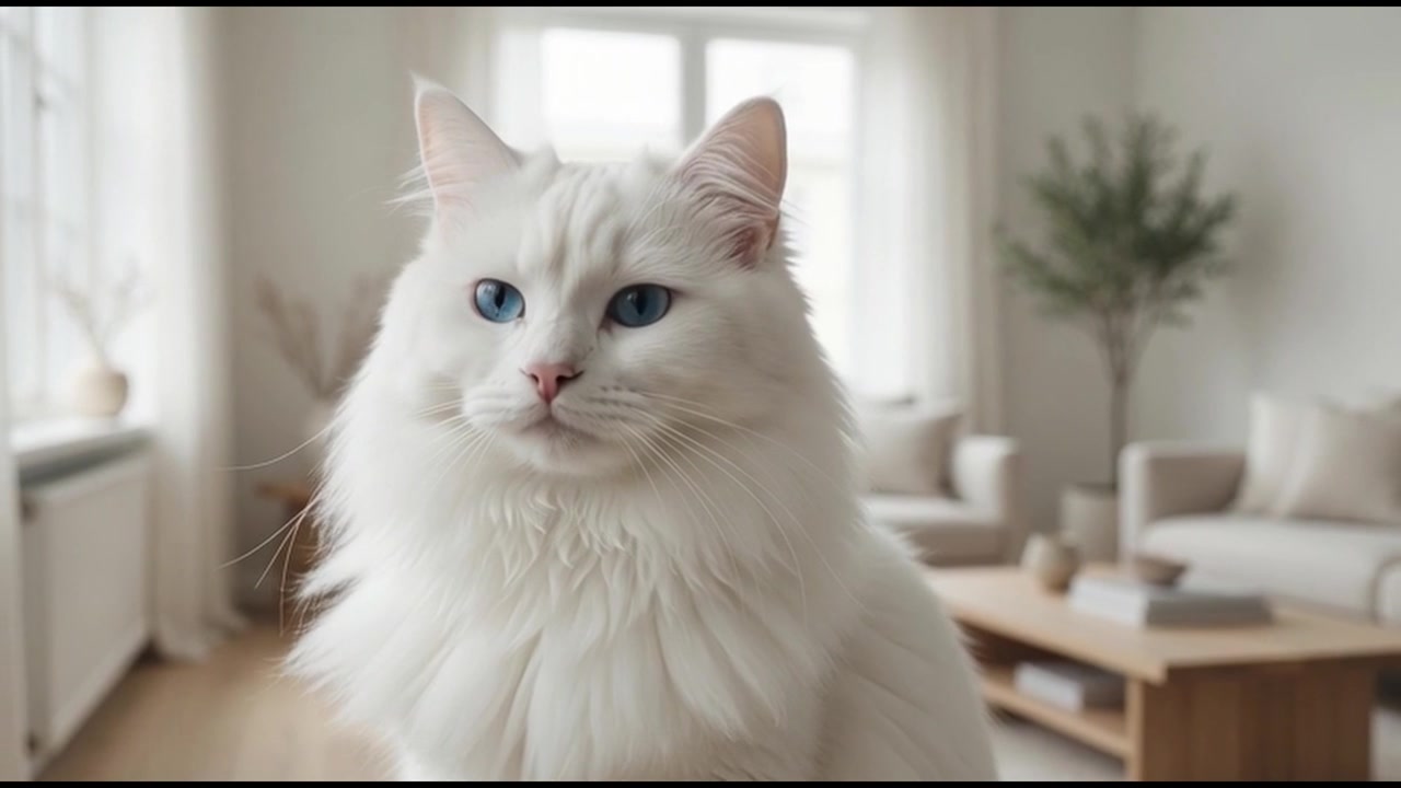 Lindo gato branco com olhos azuis sentado em uma sala de estar iluminada.