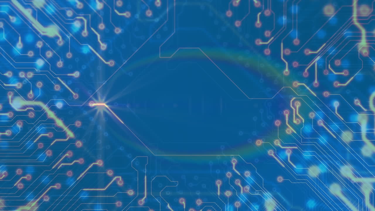 푸른 배경에 대한 조명된 회로판 패턴 위의 렌즈 플레어의 애니메이션