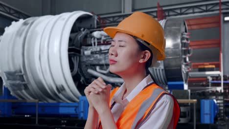 close up side view of asian female engineer with safety helmet pray for something while standing with airplane engine maintenance conducted
