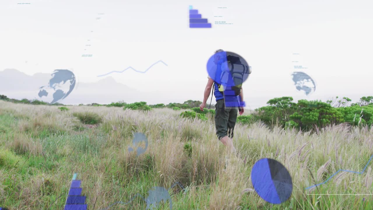 Male hiker stepping into meadow, scanning horizon, brushing grass, blue tech shapes flickering