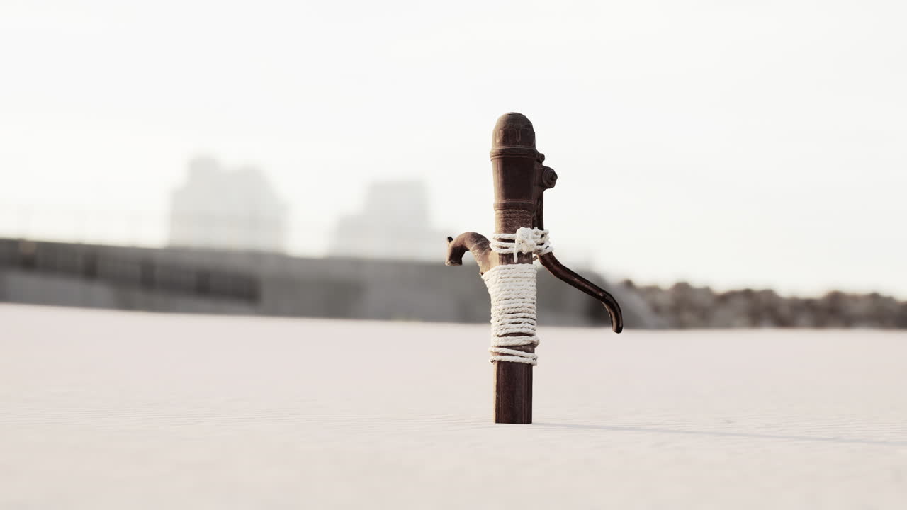 bomba de agua de metal viejo y oxidado en la playa de arena