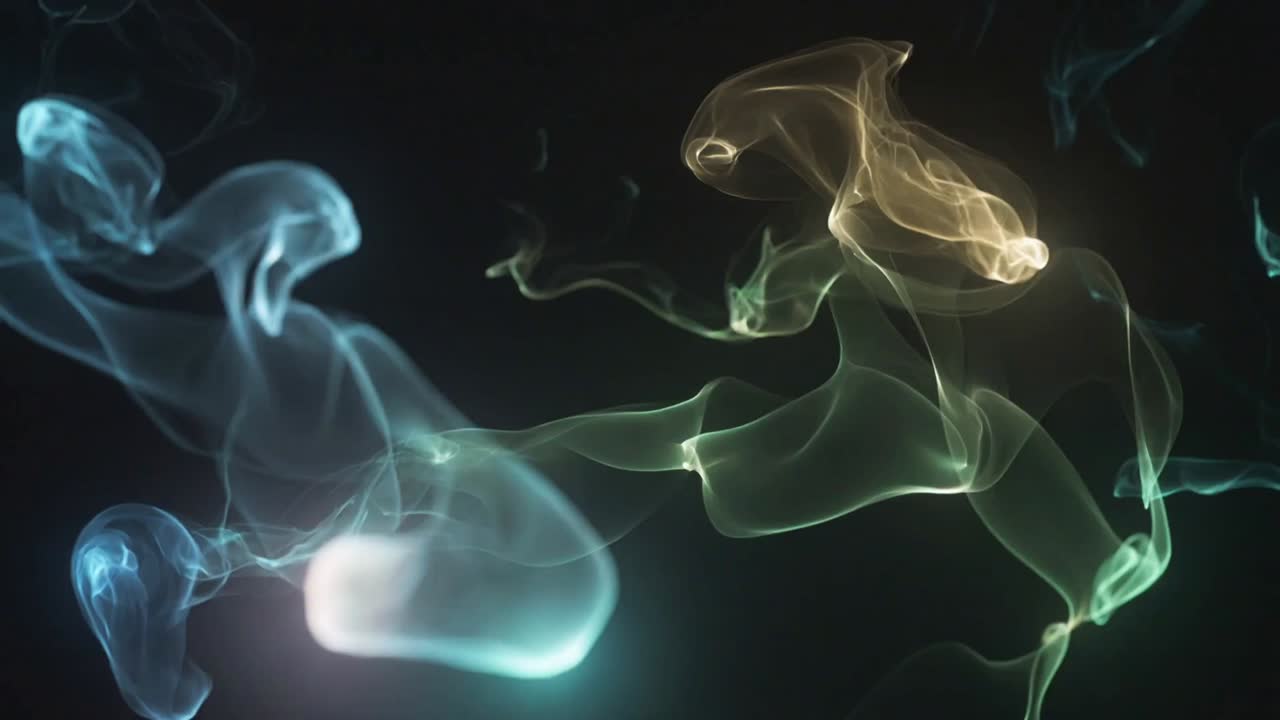 Drifting sheer colored smoke plumes stretching, thinning on black stage, lit by colored edge lights