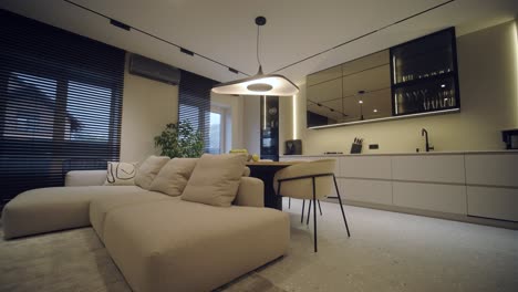 stylish and elegant minimalist home interior featuring clean lines, neutral colors, and warm ambient lighting, creating a cozy and modern atmosphere.