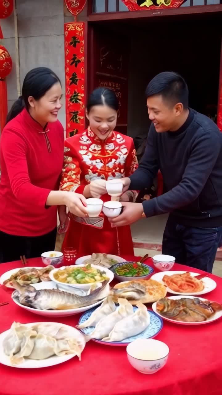 Pemandangan jarak dekat sebuah keluarga Tionghoa dengan gembira merayakan Tahun Baru Imlek saat makan malam meriah.