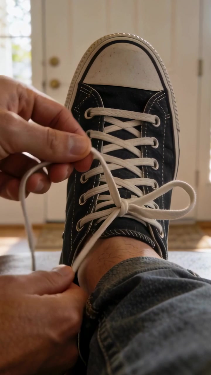 Video verticale: Mani che allacciano i lacci bianchi di una sneaker, formando un fiocco, con jeans con risvolto, per uscire.
