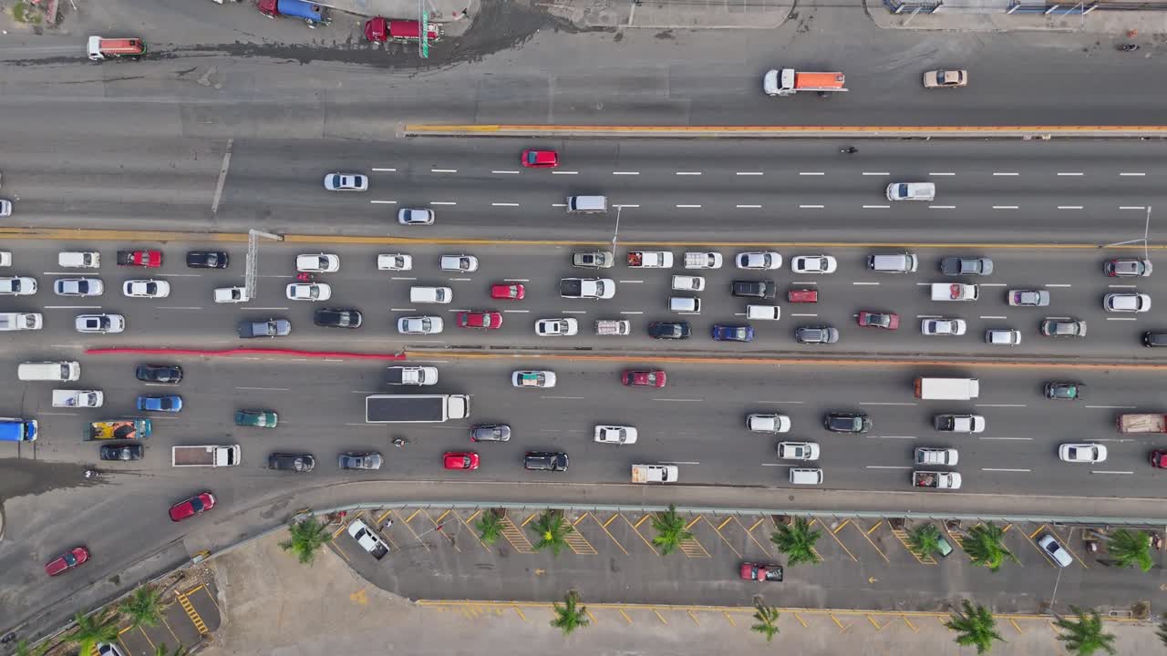 Heavy Traffic Caused by the Construction of a Section of the Duarte Highway in Santo Domingo, Dominican Republic - Aerial Topdown Shot