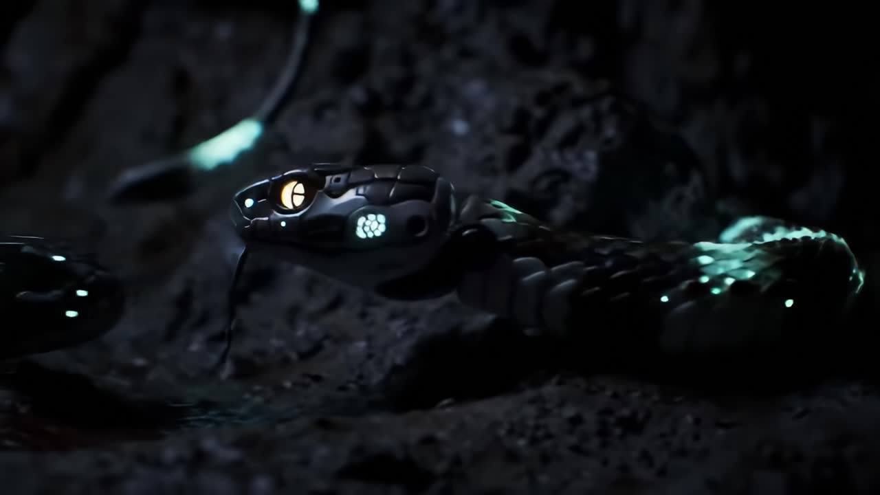 A Mystical Glowing Snake Slithers Through Dark Terrain, Showcasing Its Bioluminescent Scales and Hypnotic Eyes in a Stunning Visual Exploration of Nature's Wonders