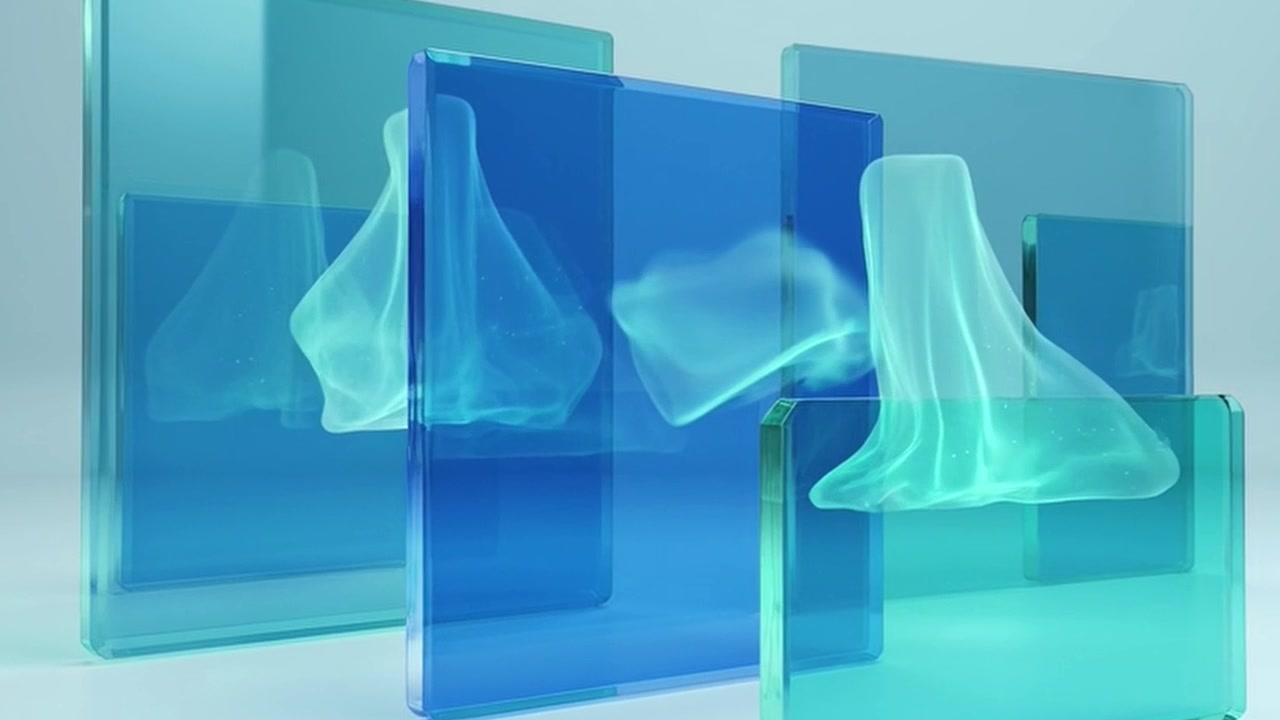Animazione 3D astratta di pannelli di vetro fluttuanti e forme di luce luminose