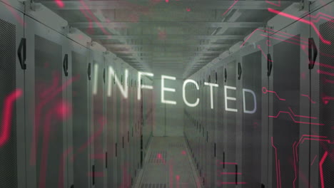 animation of infected text over data processing and server room