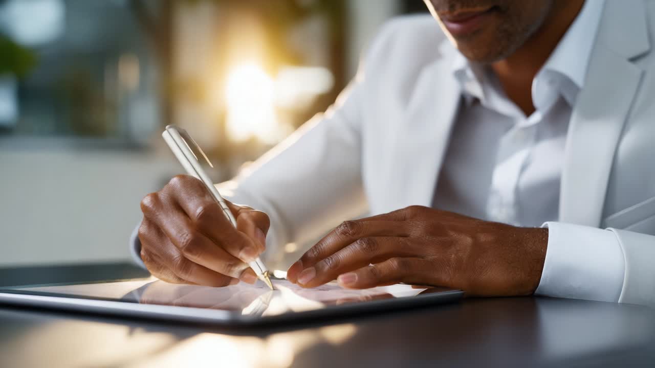 A professional man in a stylish white suit is focused on writing or signing documents on a sleek tablet device, capturing a moment of concentration and creativity in a bright, inspiring environment
