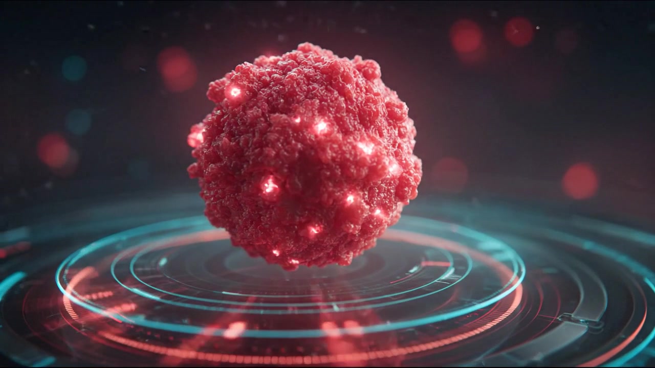 Rød biologisk celle svæver over en glødende cirkulær teknologiplatform