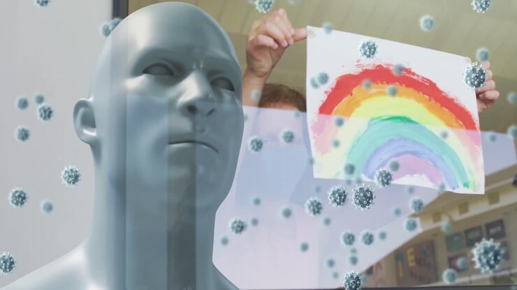 Animation of covid 19 cells over model head with person in face mask holding rainbow drawing