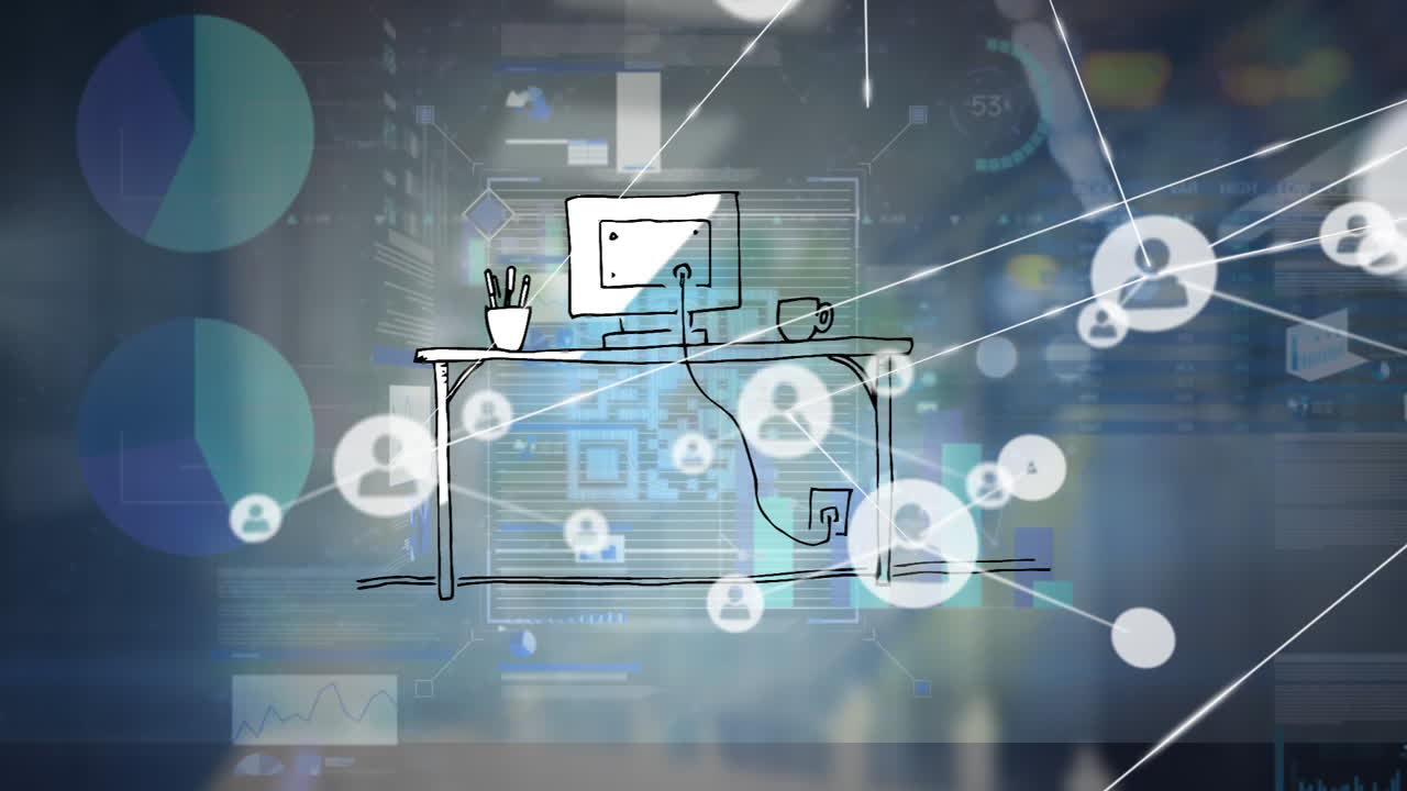 animación de la red de iconos de perfil sobre escáner de código qr y procesamiento de datos estadísticos