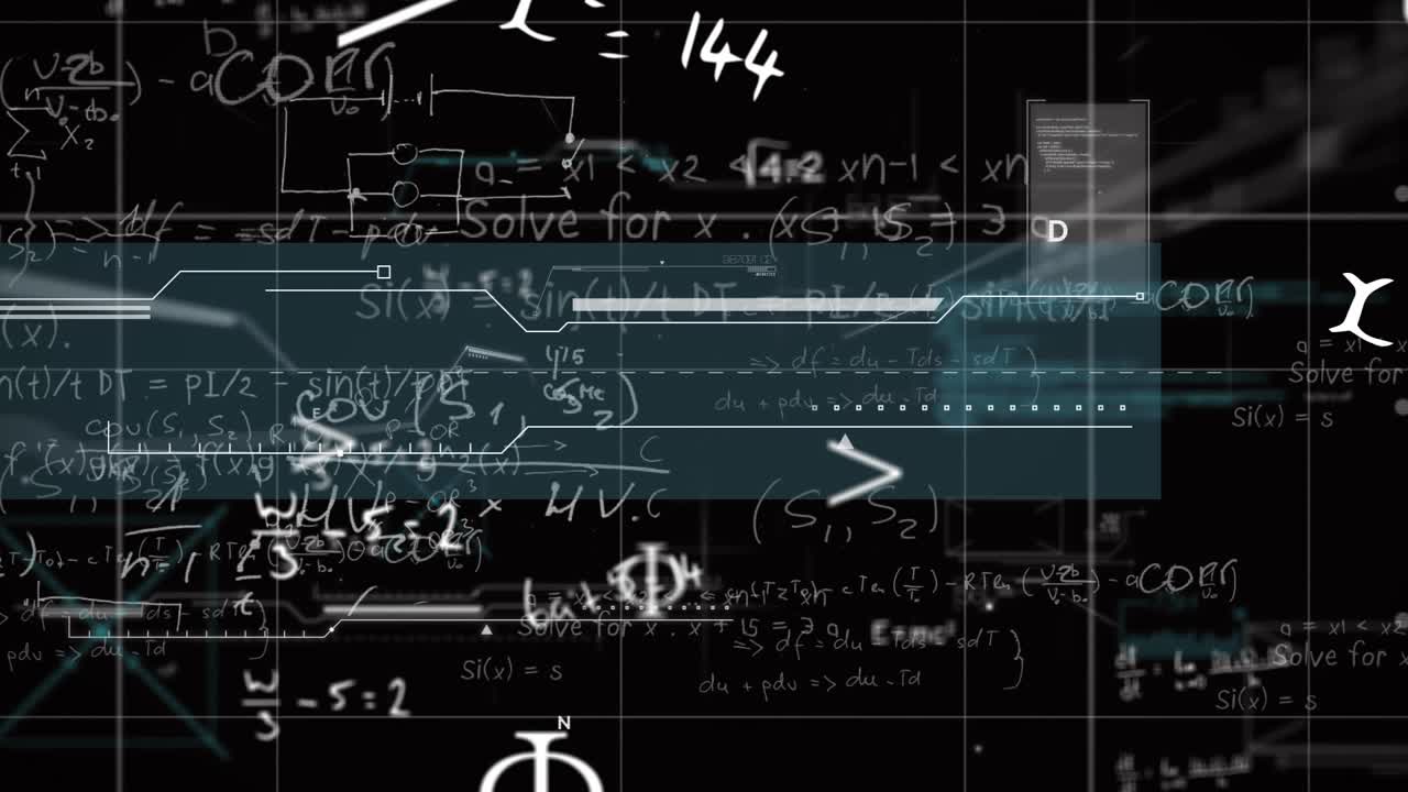 Animation of mathematical equations and symbols floating over grid network against black background