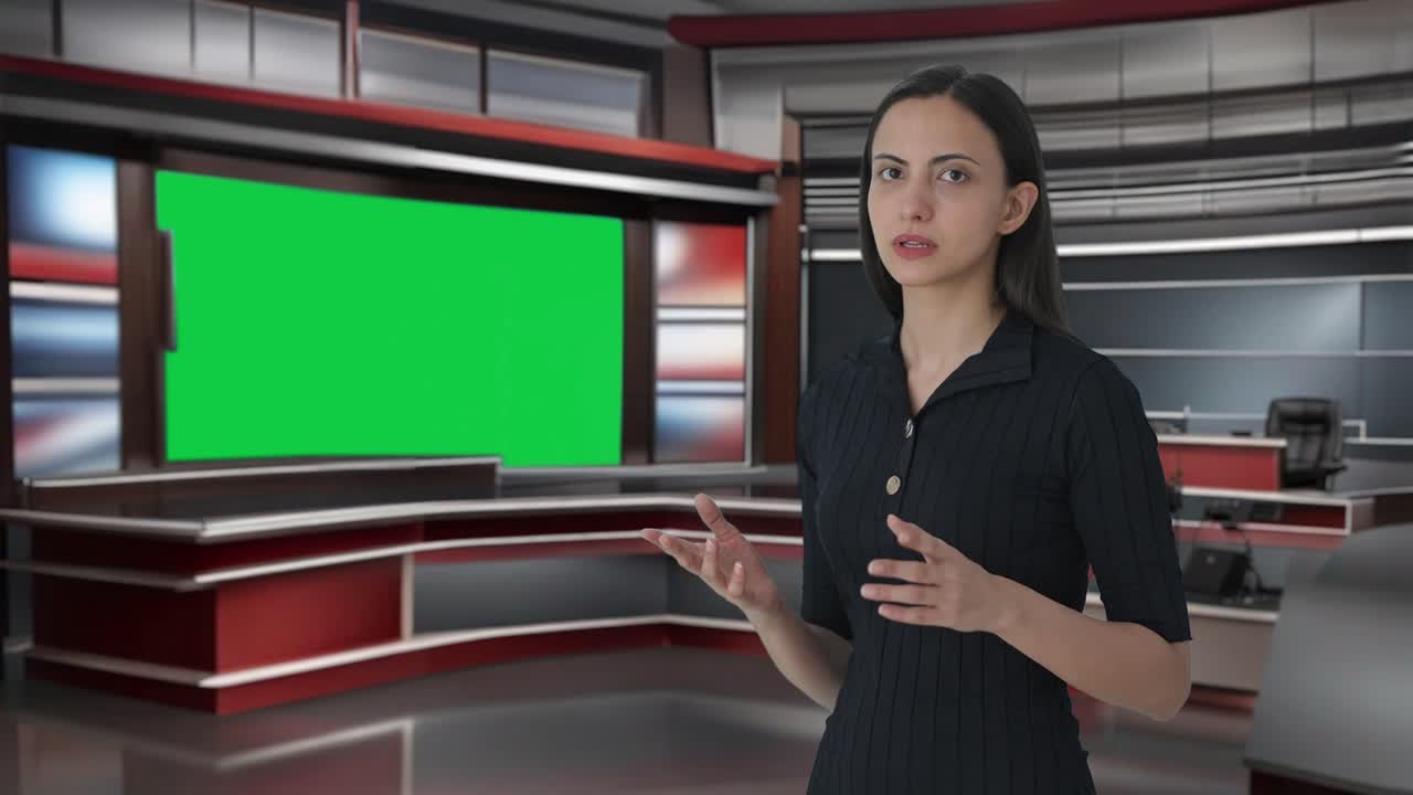 Indická novinářka ukazující na prázdné zelené plátno