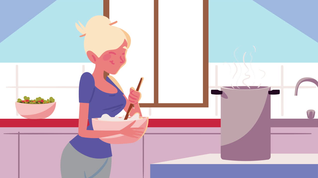 Blong woman cooking kitchen recipe animation | Premium Stock Video Footage