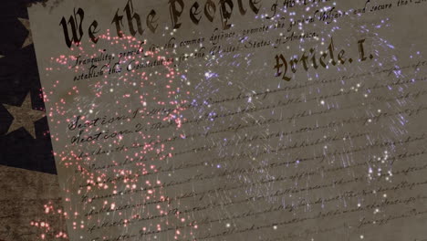 animation of fireworks over constitution text and flag of united states of america