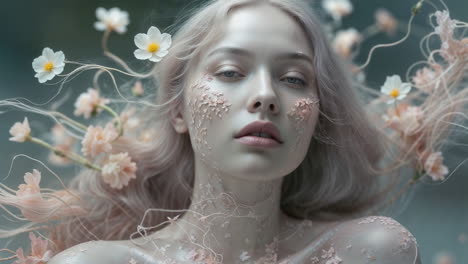 ethereal woman adorned with delicate flowers