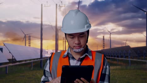 close up of asian male engineer with safety helmet working on a tablet while standing with solar panel and wind turbines