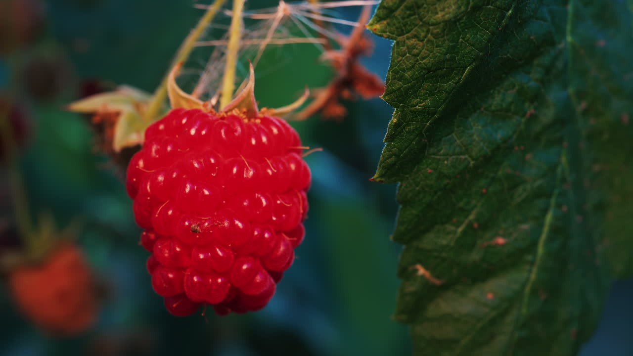 Close up of a vibrant red raspberry in natural sunlight with a blurred background