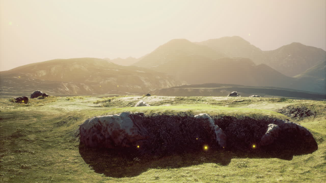 Majestic landscape with glowing lights in the meadow at sunset