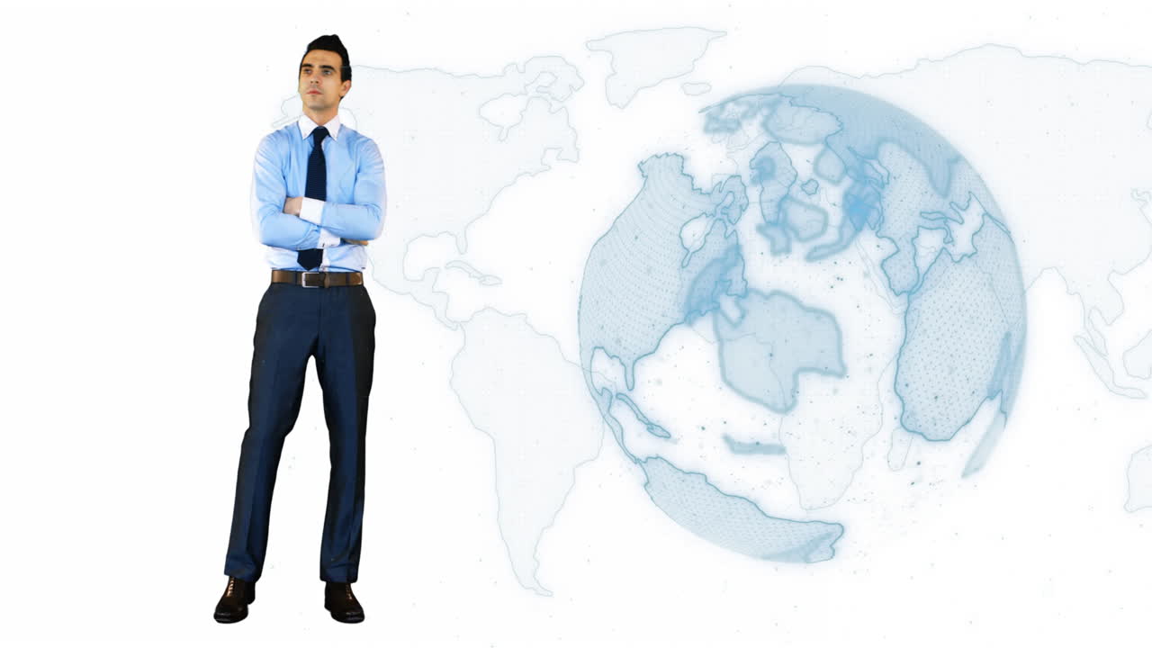 animación del hombre de negocios caucásico y globo sobre el mapa del mundo