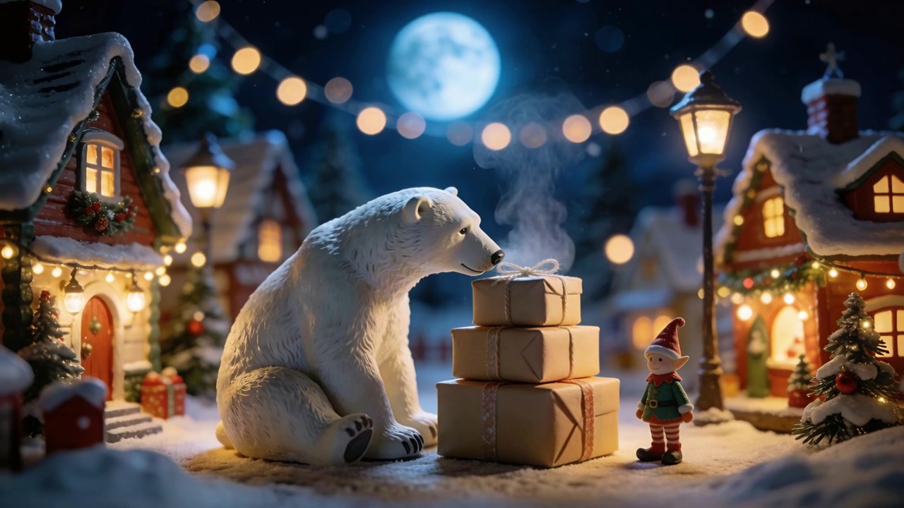 Vapore che si alza mentre un orso polare disegnato annusa i regali nella piazza innevata del villaggio, con un elfo con cappello rosso che osserva
